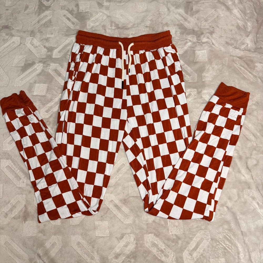 Tiny Babe Co XS Burnt Orange Checkered‎ Bamboo Viscose Jogger Lounge Pants Women